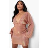 👉 Plus Glitter Mini Jurk Met Laag Decolleté En Pofmouwen, Bronze