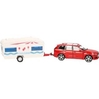 👉 Modelauto rood metaal kinderen Volvo XC90 met caravan speelgoed 1:34