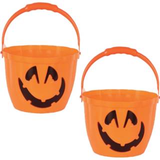 👉 Snoep oranje kunststof Set van 3x stuks pompoen trick or treat emmertje met LED verlichting D22 x H16 cm