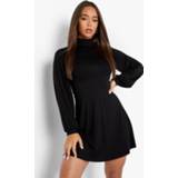 Skater Jurk Met Hoge Hals En Pofmouwen, Black