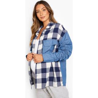 Zwangerschap Geruite Spijkerblouse Met Geplooide Mouwen, Mid Blue