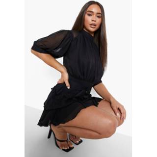 👉 Skater jurk zwart Met Hoge Hals, Laagjes En Ruches, Black