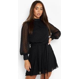 👉 Dobby Skater Jurk Met Hoge Hals En Godet Detail, Black