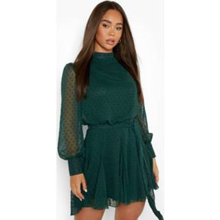 👉 Dobby Skater Jurk Met Hoge Hals En Godet Detail, Bottle Green