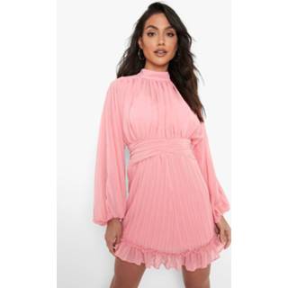 👉 Geplooide Mini Jurk Met Hoge Hals En Zoom, Rose