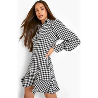 👉 Geruite Dogtooth Blouse Jurk Met Geplooide Zoom, Black