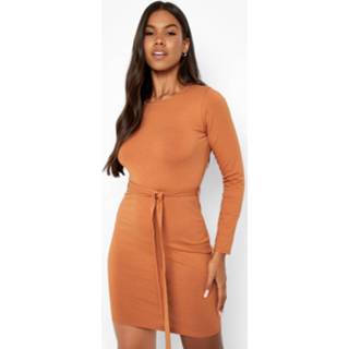 👉 Mini Jurk Met Lange Mouwen En Ceintuur, Tan