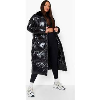 👉 Tall Glanzende Gewatteerde Jas Met Faux Fur Zoom, Black