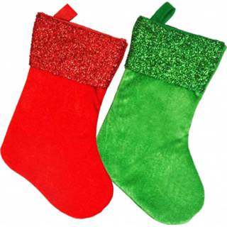 👉 Kerstsokken groene rode multi fluweel stof Set van 4x en met glitters 32 cm