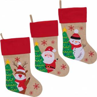👉 Kerstsokken beige rood multi polyester Set van 3x beige/rood met print 46 cm