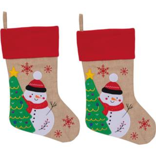 👉 Kerstsokken beige rood multi polyester Set van 4x stuks kerstsok beige/rood met sneeuwpop print 46 cm