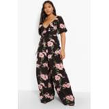 👉 Plus Bloemen Jumpsuit Met Pofmouwen En Ruches, Black