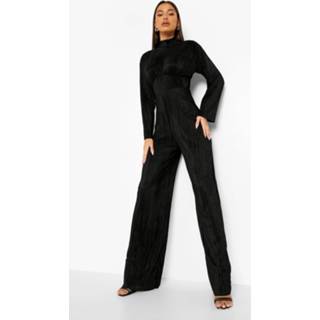 👉 Plisse Wide Leg Jumpsuit Met Hoge Hals, Black