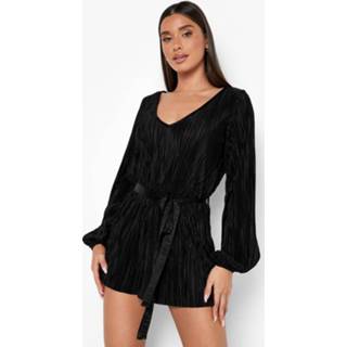 👉 Plisse Romper Met Wijde Mouwen En Ceintuur, Black