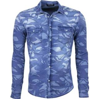 👉 Denim overhemd s male blauw - Slim Fit Army Print