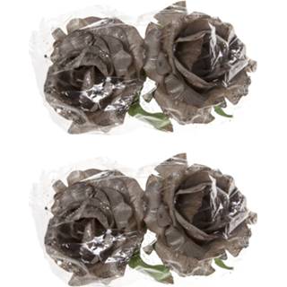 👉 Zilver kunststof 4x stuks decoratie bloemen roos glitter op clip 10 cm