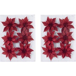 👉 Rood kunststof 12x stuks decoratie bloemen rozen glitter op clip 8 cm