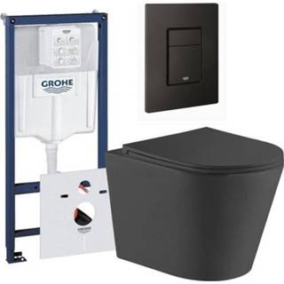 👉 Toiletset zwart mat zwarte keramiek QeramiQ Dely met Grohe inbouwreservoir bedieningsplaat rechthoek en toilet zitting 0729205 / SW656727 SW543433