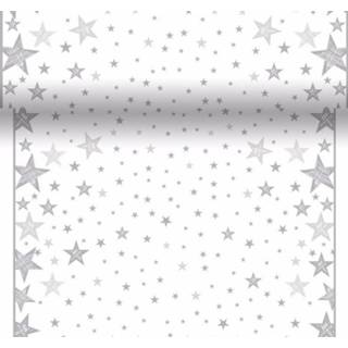 👉 Kerst versiering zilver papieren active wit tafelkleed/tafelloper/placemats op rol 40 x 480 cm wit/zilver sterren