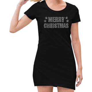 👉 Jurk active vrouwen zwart Glitter kerst jurkje Merry Christmas steentjes voor dames -