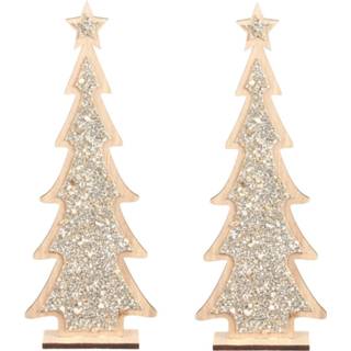 👉 Kerstboom houten zilver 2x stuks kerstdecoratie glitter 35,5 cm decoratie kerstbomen