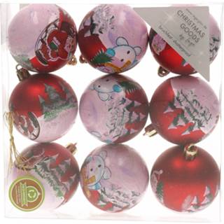 👉 Kerstbal kunststof rode 9x kerstballen 6 cm met print