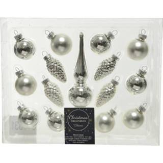 👉 Kerstbal zilver zilveren glas glazen kerstballen 3 cm en piek set voor mini kerstboom 15-dlg