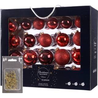 👉 Kerstversiering rood glas glazen kerstballen mix set 5-6-7 cm rood/donkerrood 42x stuks met haakjes