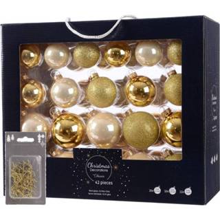 👉 Kerstversiering goud glas glazen kerstballen mix set 5-6-7 cm goud/champagne 42x stuks met haakjes