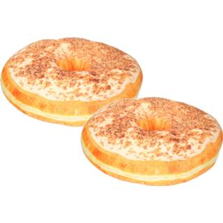 👉 Sierkussen oranje polyester kinderen 2x stuks donut met glazuur en cornflakes 40 cm