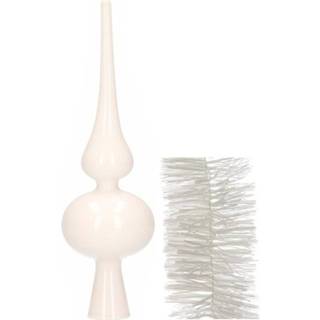 👉 Kerstversiering wit glans kunststof glazen piek 26 cm en folieslingers pakket winter van 3x stuks