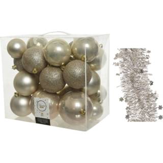 👉 Kerstversiering champagne parel kunststof kerstballen 6-8-10 cm met sterren folieslingers pakket parel/champagne van 28x stuks