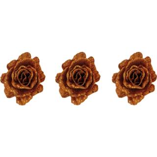 👉 Koper kunststof 6x stuks decoratie bloemen roos glitter op clip 10 cm