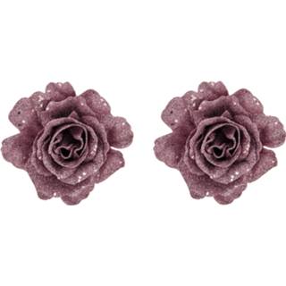 👉 Roze kunststof 2x stuks decoratie bloemen roos glitter op clip 10 cm