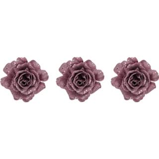 👉 Roze kunststof 6x stuks decoratie bloemen roos glitter op clip 10 cm