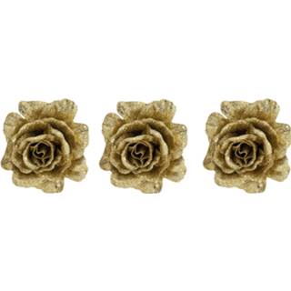 👉 Goud kunststof 6x stuks decoratie bloemen roos glitter op clip 10 cm