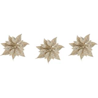 👉 Champagne kunststof 10x stuks decoratie bloemen roos glitter op clip 10 cm