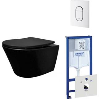 👉 Toiletset zwart mat wit Wiesbaden Vesta spoelrandloos 52cm Grohe inbouwreservoir softclose en quickrelease toiletzitting met bedieningsplaat SW228315/0729205/0729242