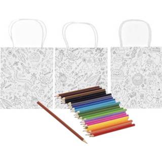 👉 Papieren tas wit papier kinderen 3x Knutsel tasjes om in te kleuren incl. 24 potloden