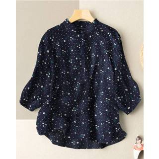 👉 Shirt cotton s vrouwen marine Floral Print Button Stand Collar 3/4 Sleeve Blouse For Women