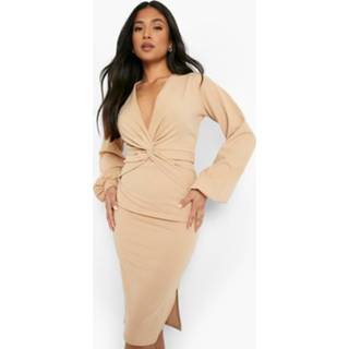 👉 Petite Gedraaide Scuba Bodycon Midi Jurk, Camel
