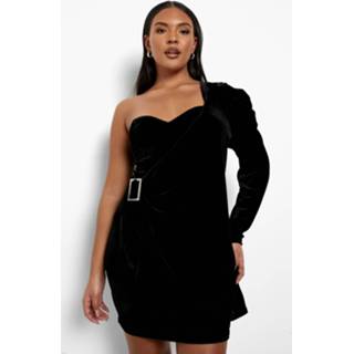 👉 Plus Fluwelen Mini Jurk Met Eén Blote Schouder, Black