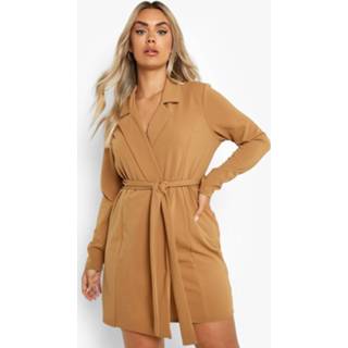 Plus Wikkel Blazer Jurk Met Ceintuur, Camel