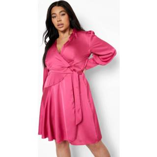 👉 Plus Satijnen Wikkel Skater Jurk, Hot Pink