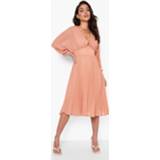 👉 Geplooide Dobby Mesh Midi Jurk Met Ballonmouwen, Soft Pink