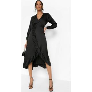 👉 Tall Satijnen Maxi Wikkel Jurk Met Ruches, Black