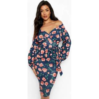 👉 Bloemen Peplum Midi Jurk Met Open Schouders, Navy