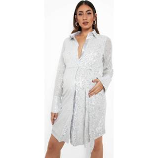 👉 Zwangerschap Blouse Jurk Met Pailletten En Ceintuur, Silver