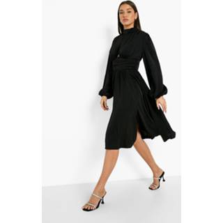 👉 Geplooide Midi Jurk Met Hoge Hals En Uitsnijding, Black