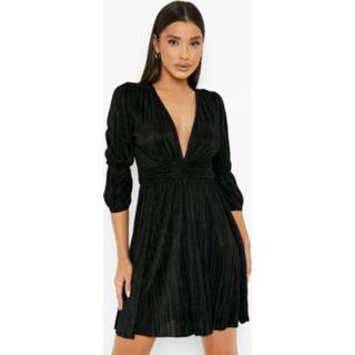 👉 Plisse Skater Jurk Met Volle Mouwen En Laag Decolleté, Black
